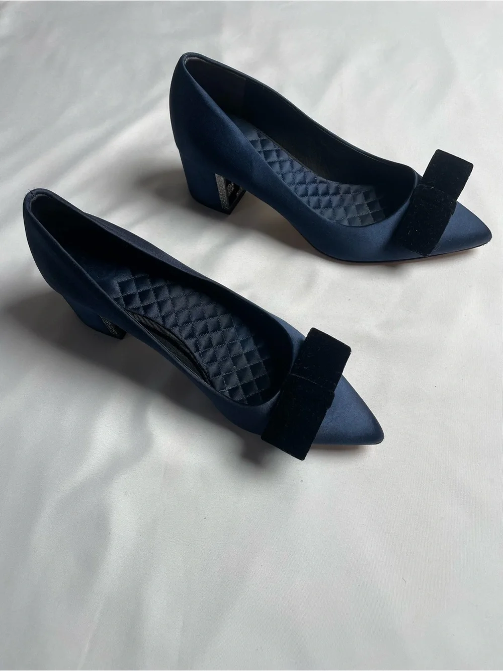 Tory Burch Navy Satin Pointed Flats with Black Velvet Bow